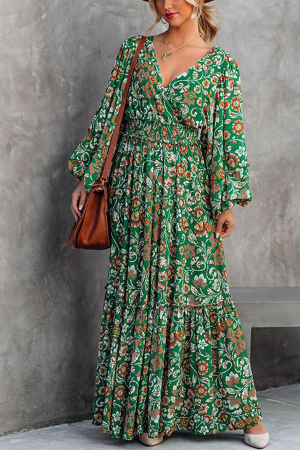 Fashion printed lantern long-sleeved V-neck backless stitching dress