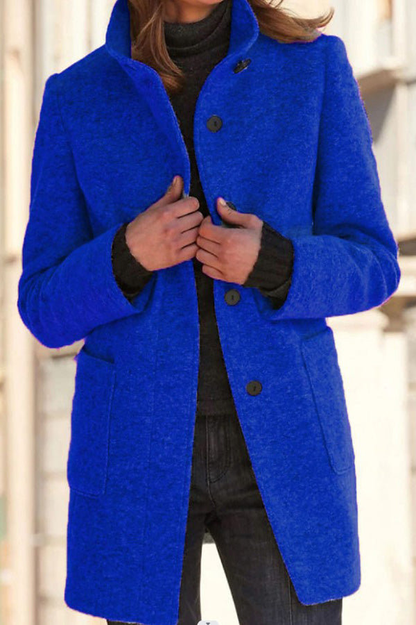 Veste en laine à col montant et boutons de couleur unie rétro 