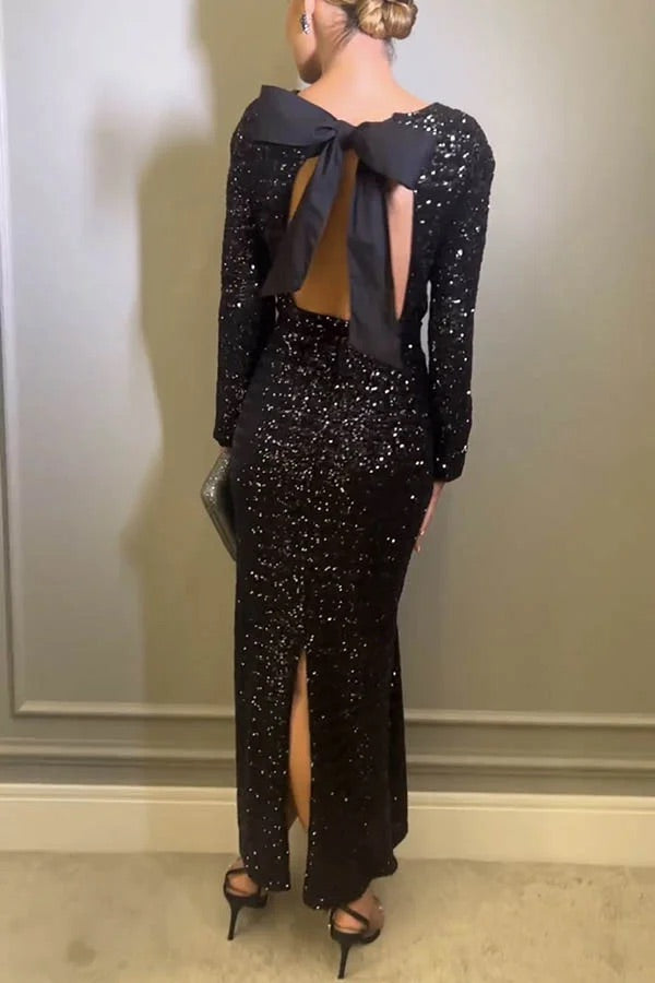 Robe longue à paillettes, épaules rembourrées, dos nu, nœud, pour faire la fête 
