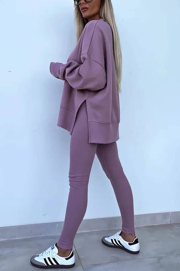 Solid Color Loose Long Sleeve SlitSweatshirt and Elastic Waist Tight Pants Set