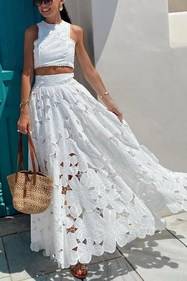 Next Trip Floral Embroidery Crochet Lace Crop Tank Top