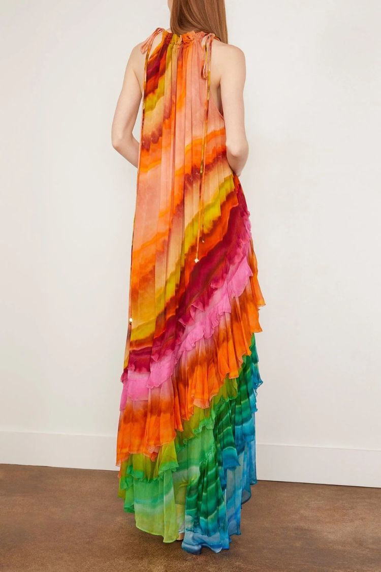 Robe longue trapèze Rosha en crêpe georgette à imprimé tie-dye et volants superposés