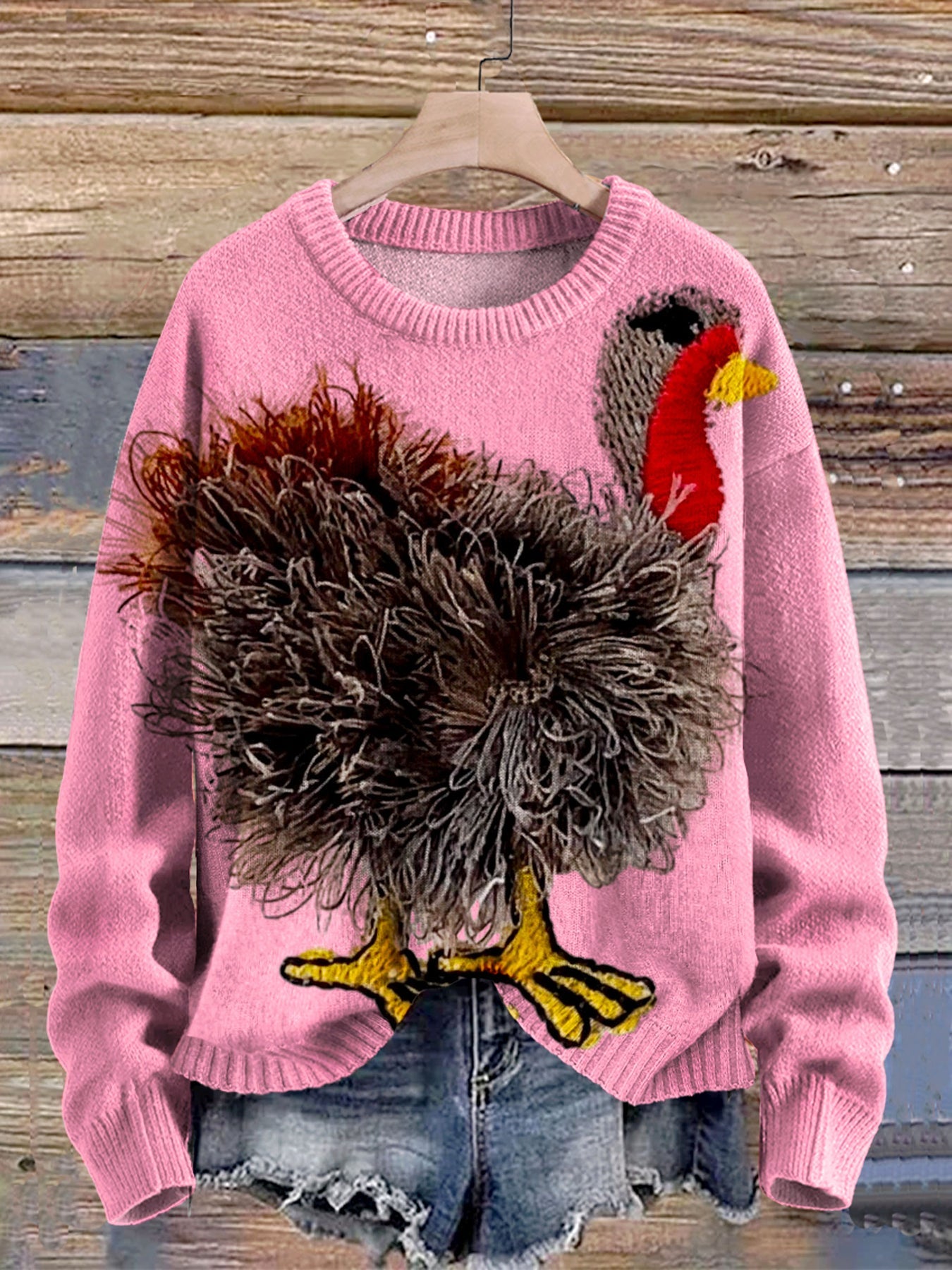Funny Turkey Art Print Knit Pullover Sweater