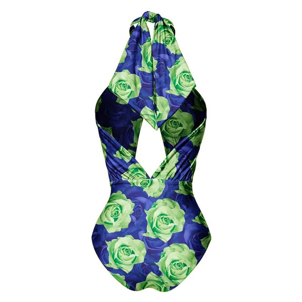 Blue Green Rose Print Cut Out Hanging Neck One Piece Swimsuit