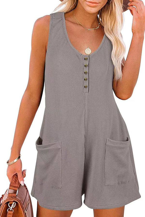 Summer Camping Waffle Fabric Button Up Pocketed Loose Romper