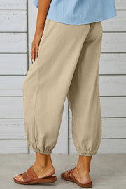 Tatum Linen Blend Elastic Waist Pocketed Button Hem Pants