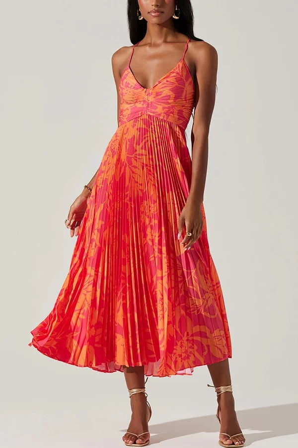 Robe mi-longue plissée à imprimé floral et à nouer dans le dos pour la saison des fêtes de mariage