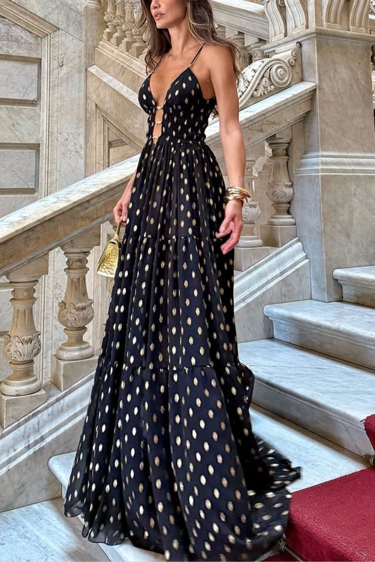 Robe longue légère en mousseline de soie à imprimé pois dorés et découpes