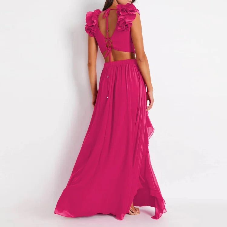 Maillot de bain une pièce et jupe découpés Vioye Deep V Rose Red 