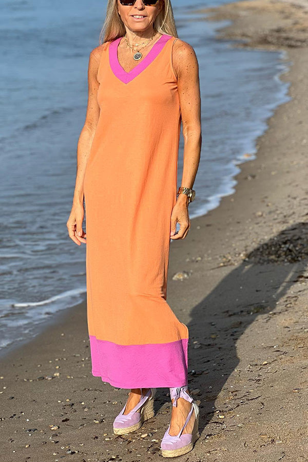 Pink Orange Contrasting Color Sleeveless Comfort Dress
