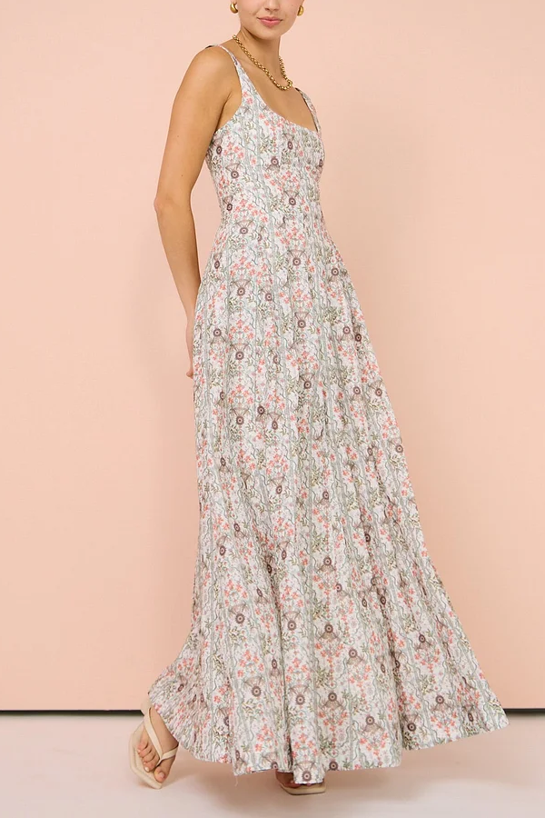 Floral Halter Waist Flat Collar Long Dress