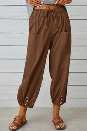 Tatum Linen Blend Elastic Waist Pocketed Button Hem Pants