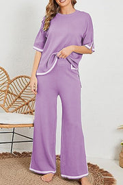 Lounge or Casual Wear Knit Patchwork Color Block Short Sleeve Top and Elastic Wide Leg Pants