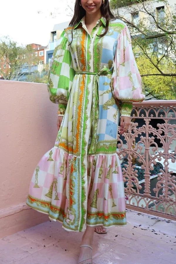 Robe longue en satin Garden Party à imprimé unique, manches ballon, ceinture et chemise