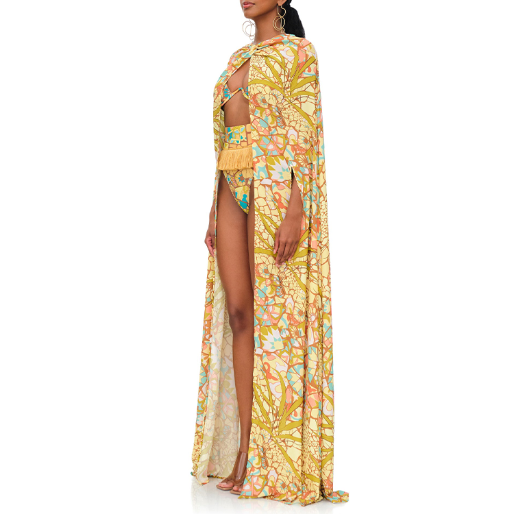 Maillot de bain bikini à imprimé opulent et cape à pompons 