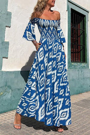 Close To The Vacation Ethnic Print Smocked Off Shoulder Pocketed Maxi Dress