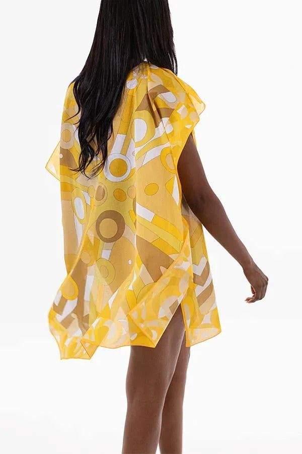 Colorful Circle Unique Print One Shoulder Button Detail Loose Cover-up Mini Dress