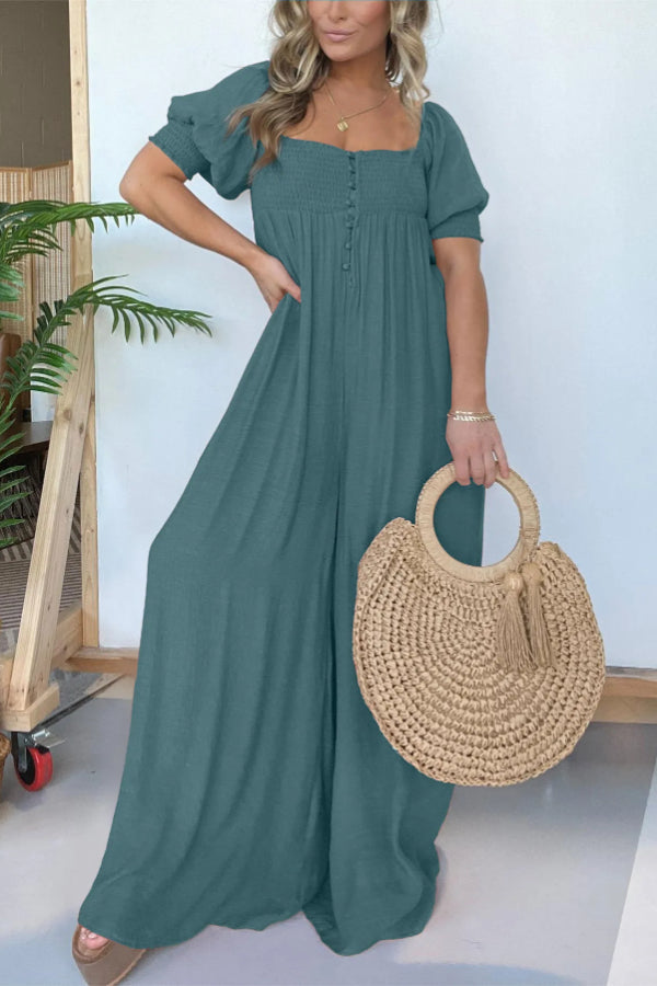 2024 NEW SQUARE NECKLINE JUMPSUIT WITH SMOCKED BODICE BUTTON (BUY 2 FREE SHIPPING)