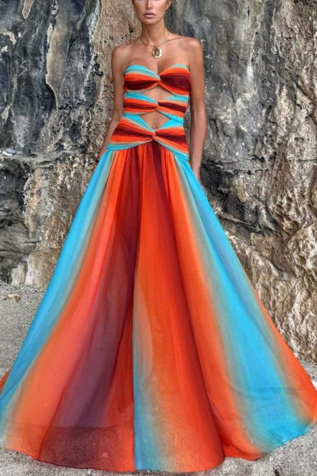 Sardinia Sunset Mesh Printed Twist Cutout Off Shoulder Vacation Maxi Dress