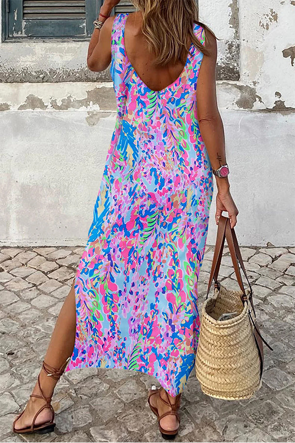 Purple Fluorescent Printed Round Neck Sleeveless Maxi Dress