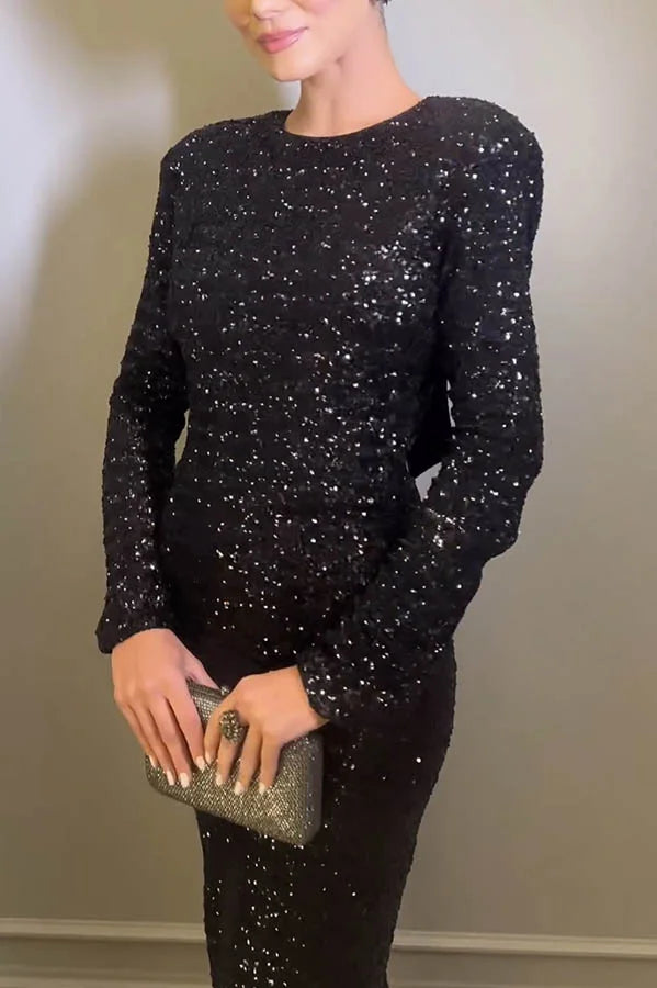 Robe longue à paillettes, épaules rembourrées, dos nu, nœud, pour faire la fête 