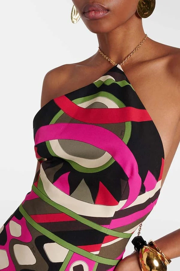 Jiya Unique Print Chain Detail Halter Backless Maxi Dress