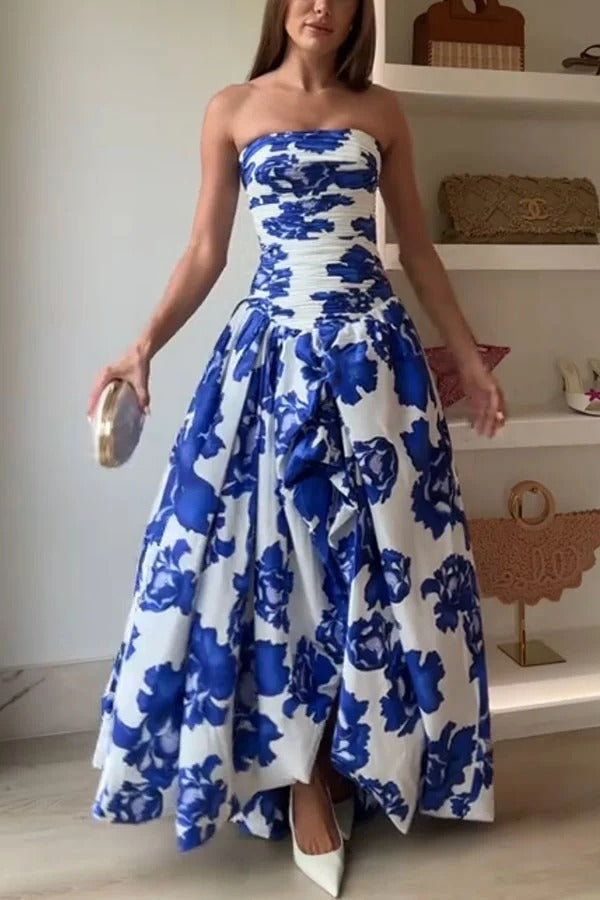 Robe longue à épaules dénudées et corsage froncé à ourlet bouffant et imprimé floral Perfect Moment
