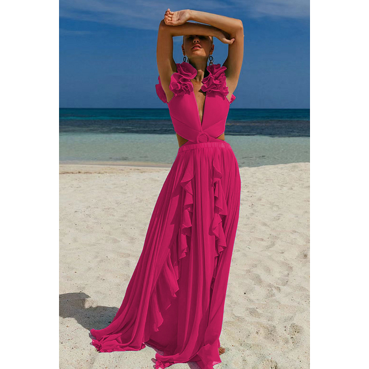 Maillot de bain une pièce et jupe découpés Vioye Deep V Rose Red 