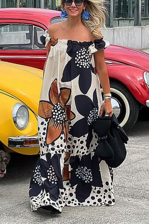 Robe longue trapèze à imprimé floral en lin mélangé Bloom Season, épaules dénudées et poches 