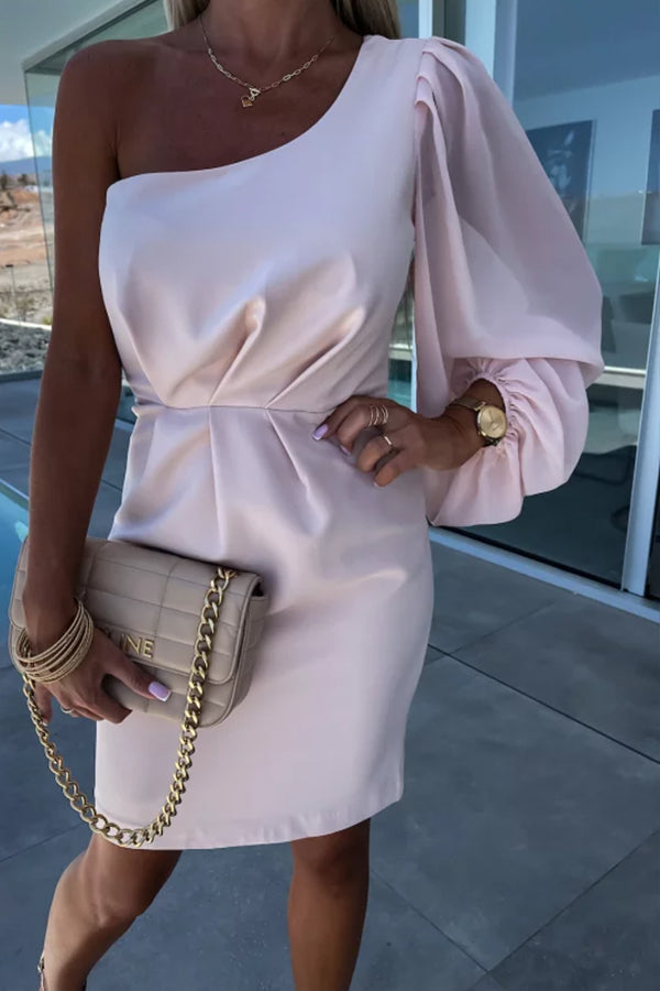 It's All Special One Shoulder Balloon Sleeve Ruched Waist Mini Dress