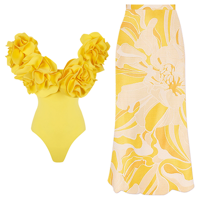 3D Flowers Decor Swimsuit and Skirt