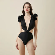 Deep V Black Cutout One Piece Swimsuit and Skirt