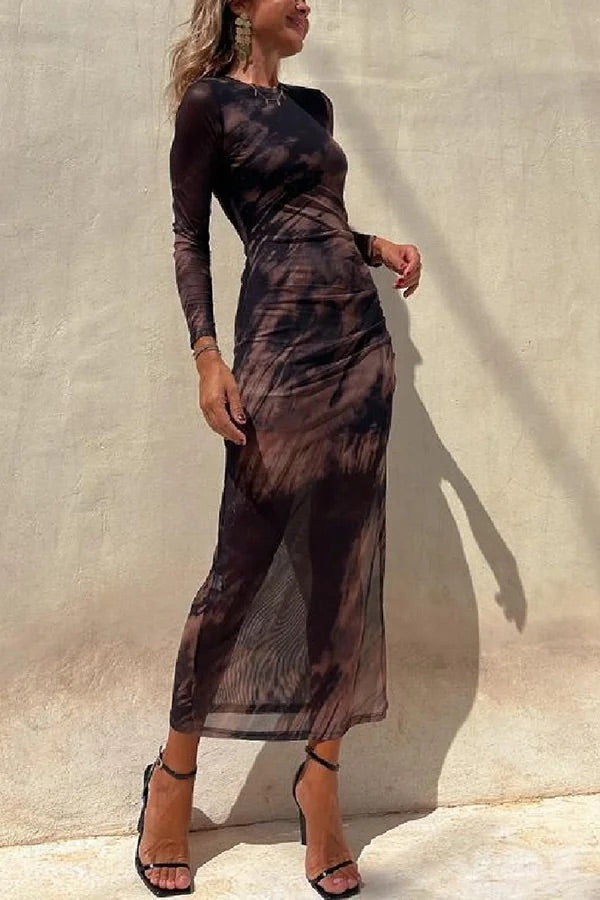 Charm Lady Mesh-Overlay Tie-Dye-Print Langärmliges, gerüschtes Stretch-Midikleid 