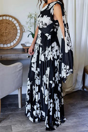 Slay The Evening Pleated Floral Pattern One Shoulder Drape Maxi Dress