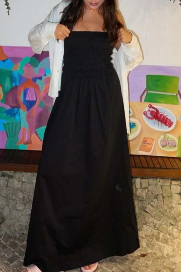 Ärmelloses, schulterfreies, elastisches, plissiertes Maxikleid im Retro-Stil