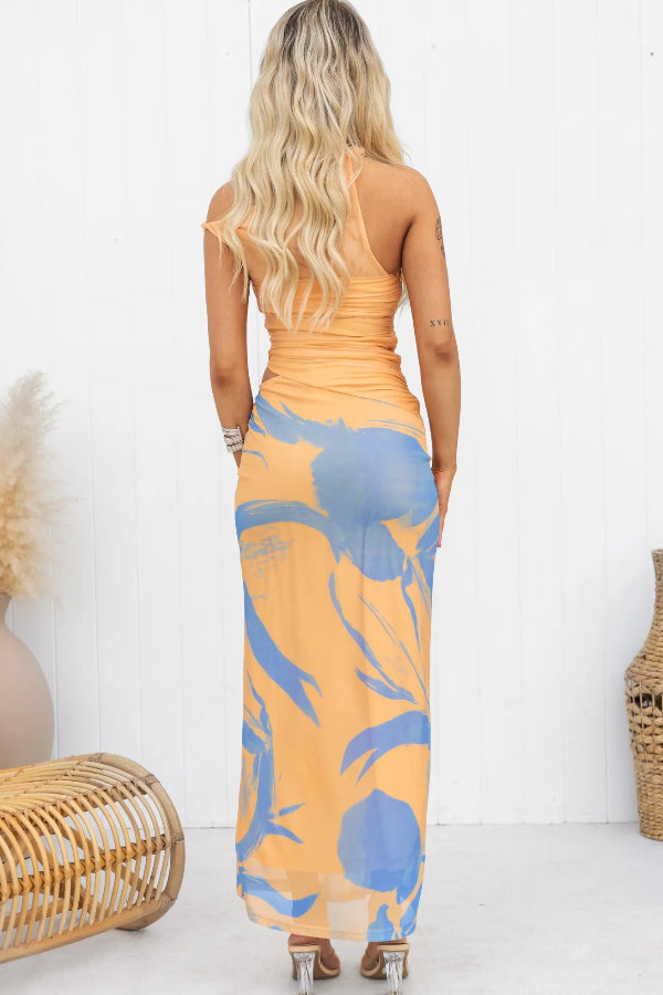 Kearney Mesh Off Shoulder Twisted Strap Cutout Stretch Maxi Dress