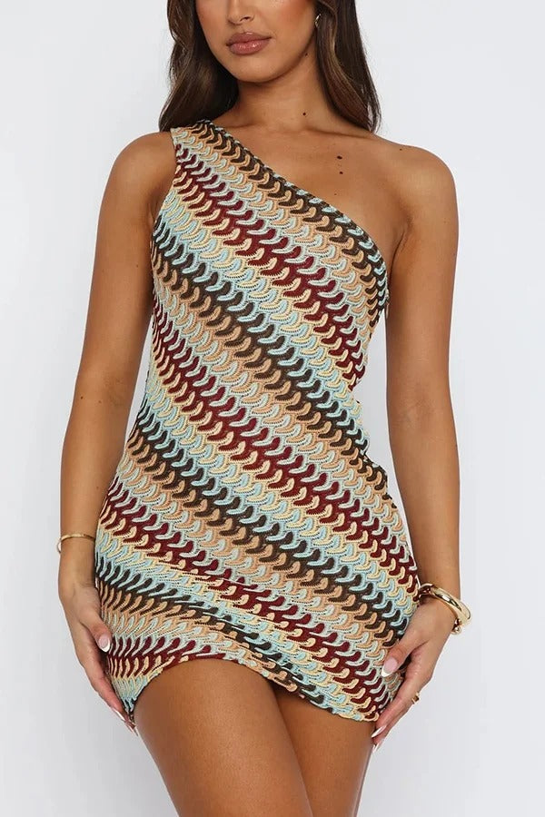 Playful Colorful Knitted Slim-fitting Offset Neck Stretch Mini Dress