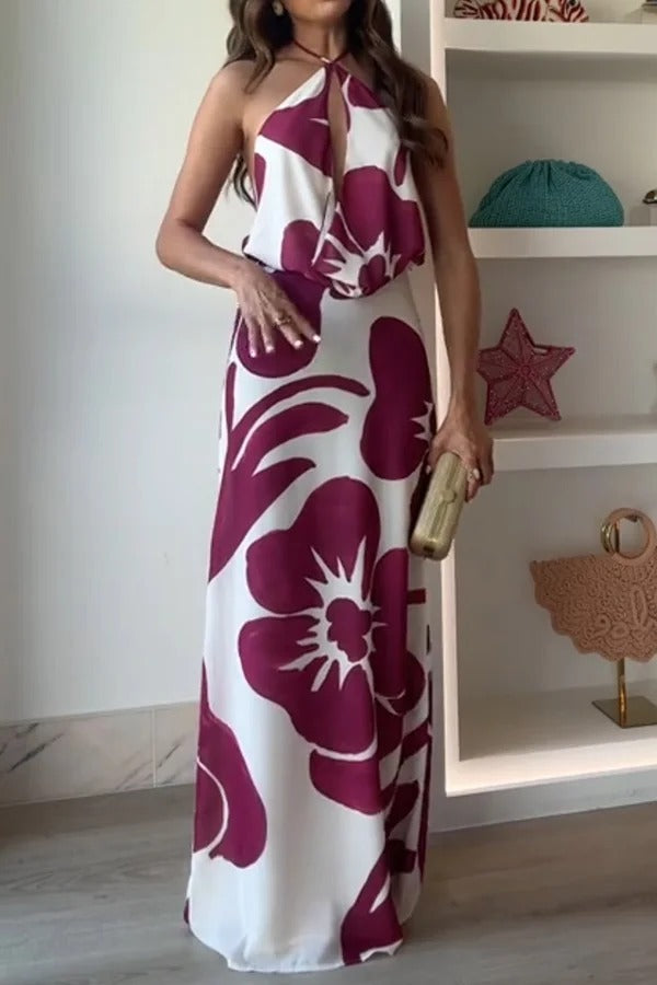 Robe longue dos nu à imprimé fleuri Leslie, col bénitier et découpes
