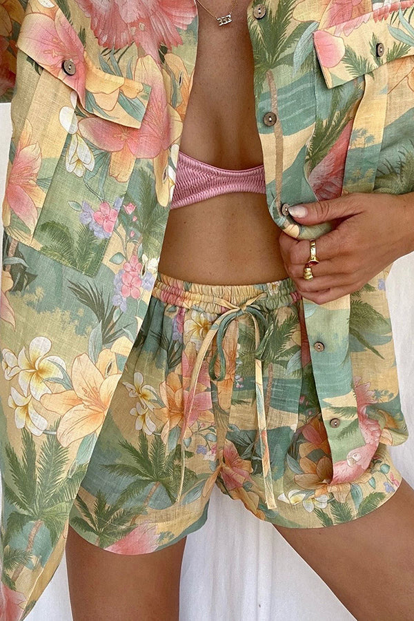 Breeze Hawaii Linen Blend Tropical Plants Printed Blouse and Elastic Waist Pocketed Shorts Set