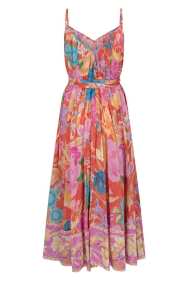 Robe longue trapèze à bretelles et imprimé floral style bohème de Painter's Garden