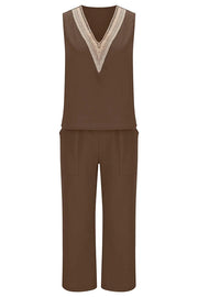 Mchoice Women's Summer Outfits Fashion V-neck Solid Color Sleeveless Tops and Loose Pocket Pants Suit