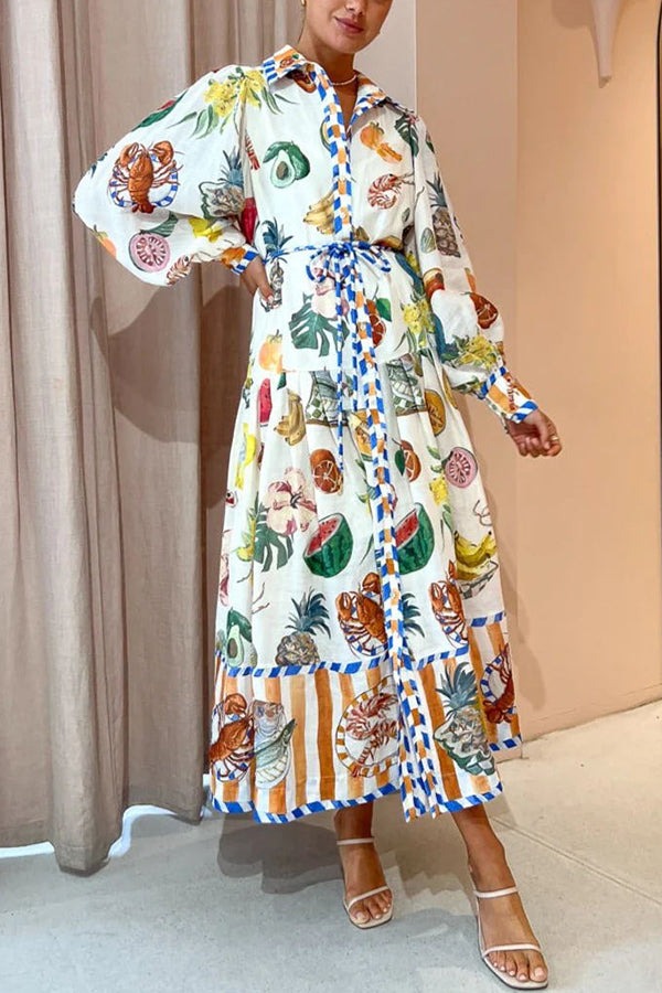 Tropical Fruit Print Balloon Sleeve Patchwork Shirt Midi Dress