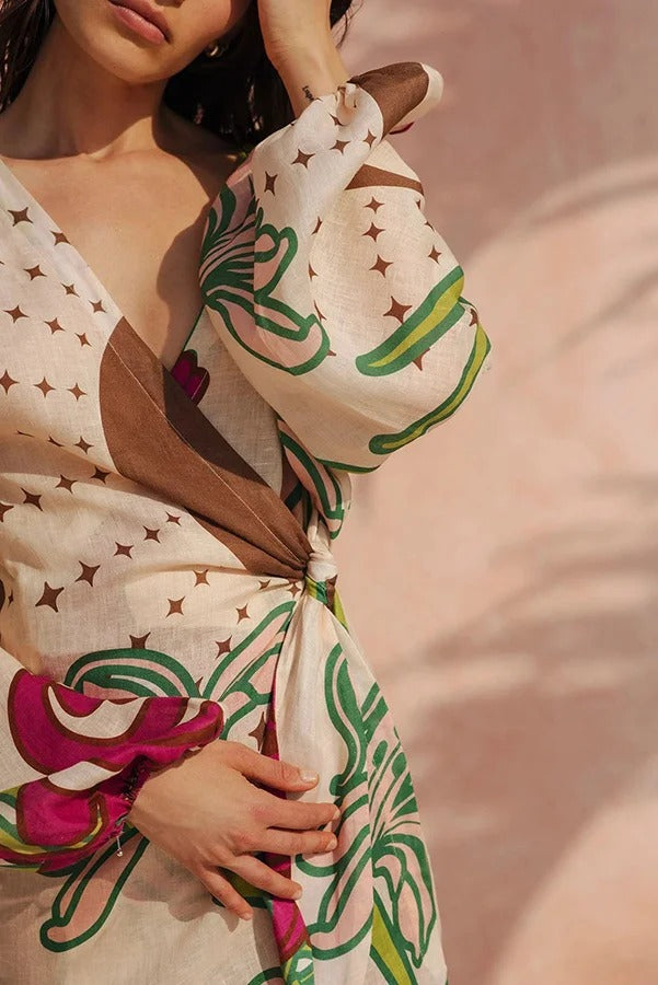 Robe longue tunique à manches ballon et lien en mélange de lin Tracey 