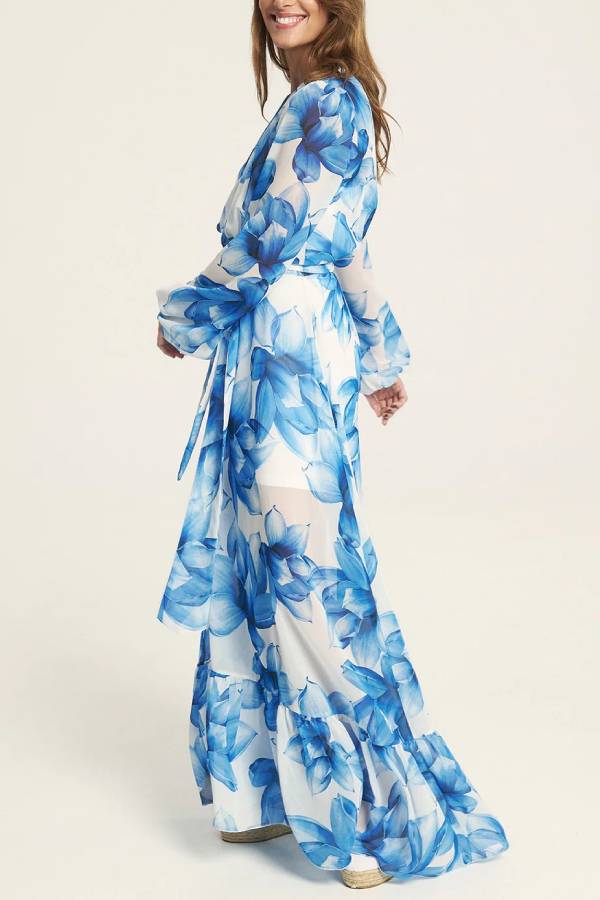Island Girl Floral Print V-neck Long Sleeve Tie Slit Holiday Maxi Dress