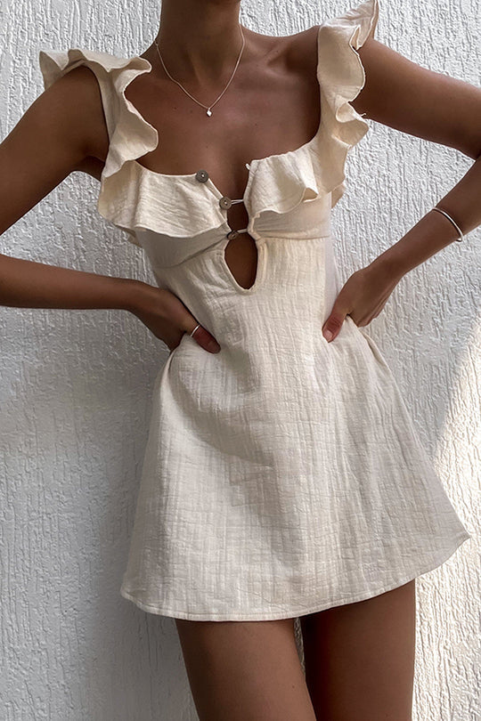 Happy Energy Linen Blend Ruffle Cut Out Resort Mini Dress