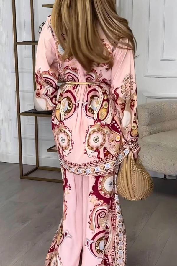 Modern And Exquisite Unique Satin Pattern Print Elastic Waist Loose Wide-Leg Pants