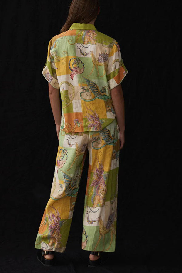 Dragon Family Linen Blend Printed Button Down Oversized Blouse