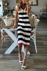 Striped V-Neck Hem Slit Casual Loose Dress