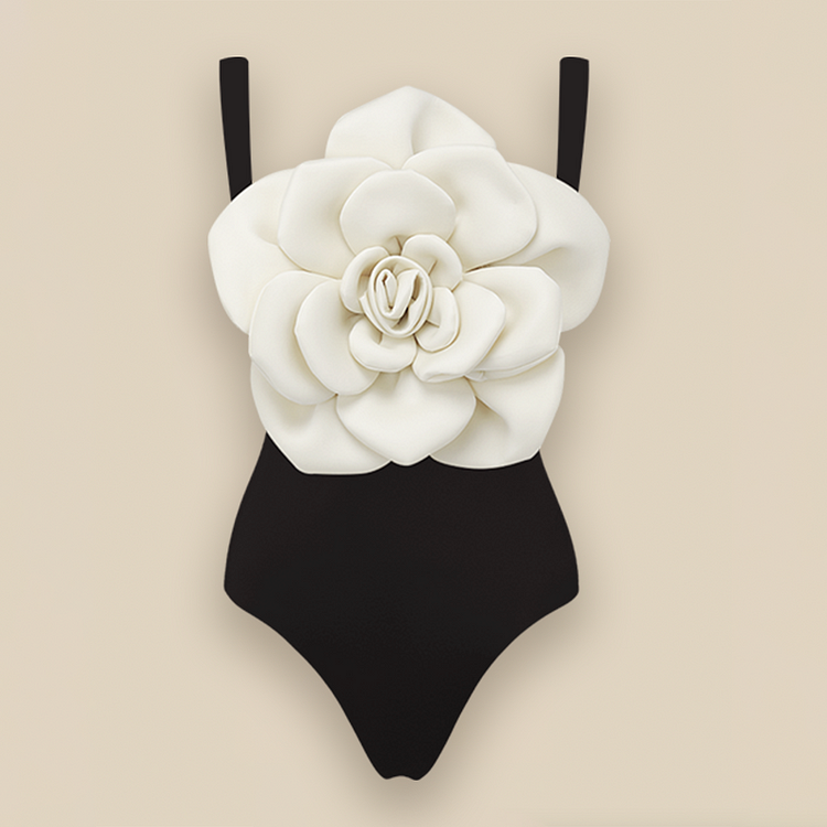 Maillot de bain une pièce et jupe noir et blanc à fleurs 3D 