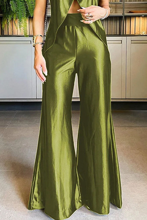 Better Stand Out Solid Color Slit Top and High Waist Pants Set